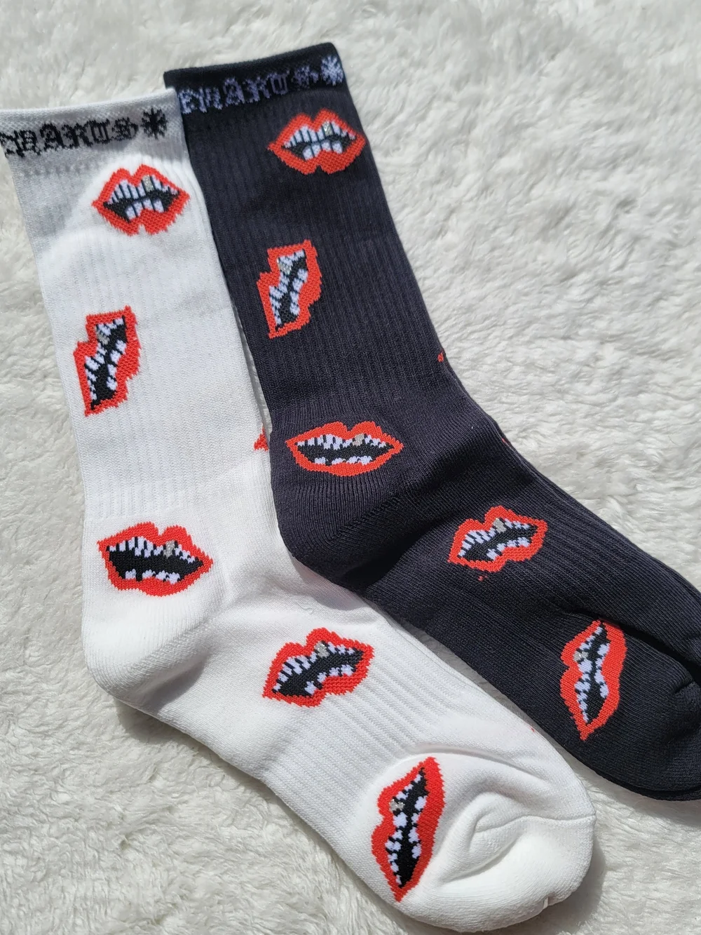 Chrome Hearts Red Lip Pattern Crew Socks - White & Black